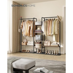 Natural Walnut & Ink Black Clothes Rack. A freestanding open wardrobe. 6 storage shelves, 2 hanging rails and matchstick-shaped hooks. - 1 of 4