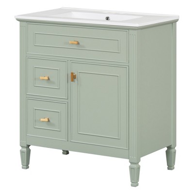 Vynxaria 30" Sage Bathroom Vanities Vanity Chest with Flip Drawer Adjustable Shelf & Gold Handles 33.7"H