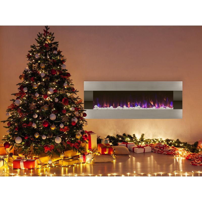 Wall-Mounted Electric Fireplace - Indoor LED Fireplace Heater with Remote, Crystals, and Adjustable Fire and Ice Flame Options by Northwest (Silver), 4 of 11