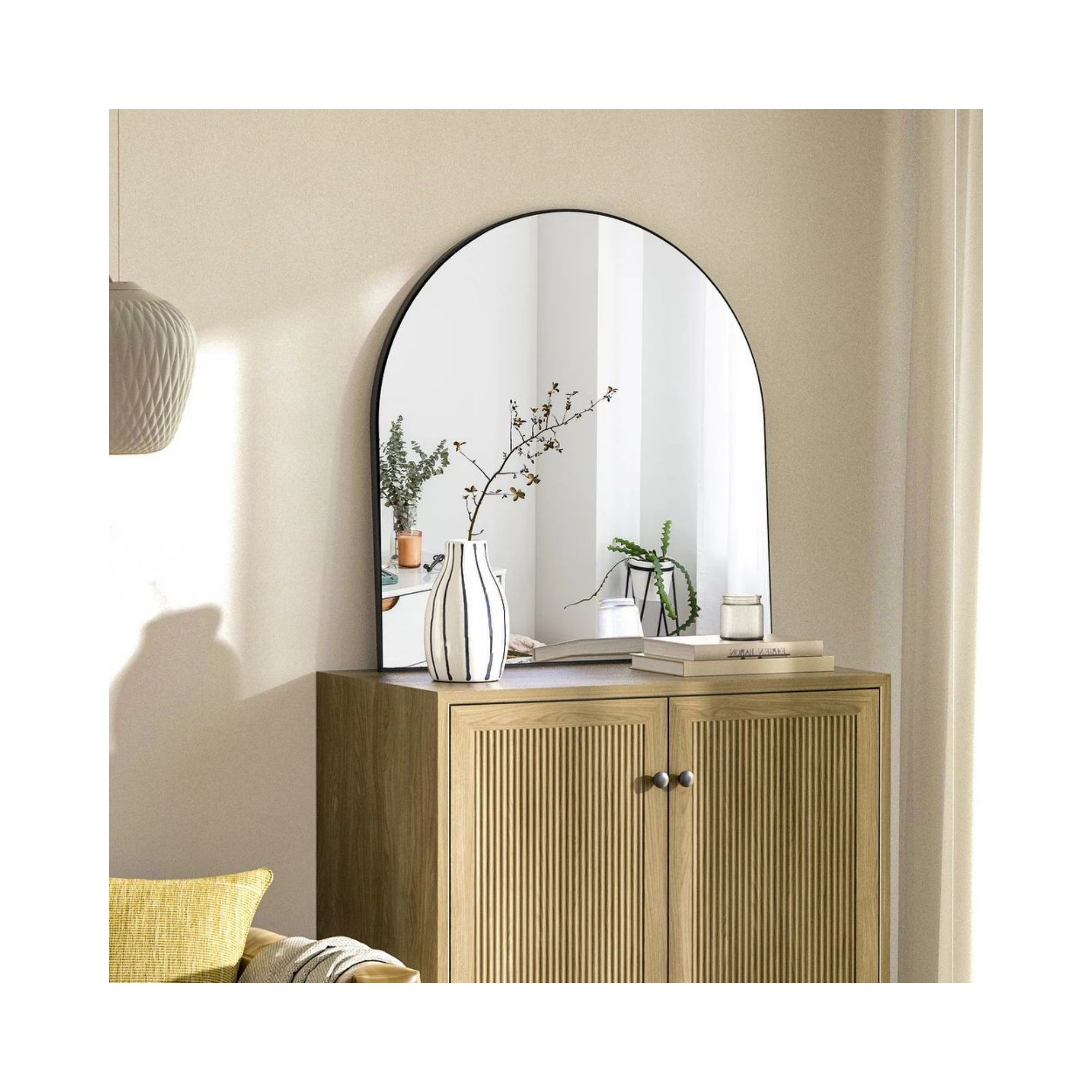 HOMLUX 32"x34" Decorative Bathroom Wall Mirror Arched Mantle Mirror: Metal Frame, Modern Decor, Black