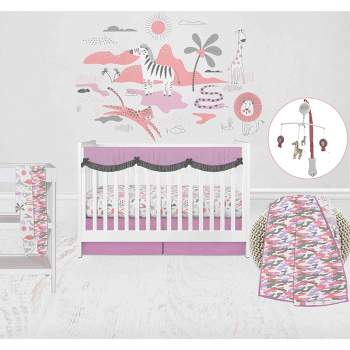 Bacati - Jungle Safari Girls Lilac/Coral Muslin 8 pc Crib Bedding Set with 2 Swaddling Blankets