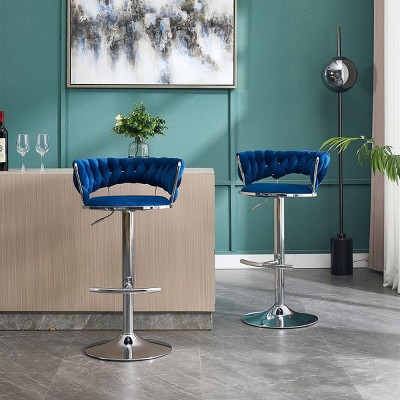 DSVIMOY Counter and Bar Stool Set of 2 Swivel Height Adjustable Velvet Bar Stools with Chrome Footrest for Dining, Blue, 25.98"*12.99"*20.66"