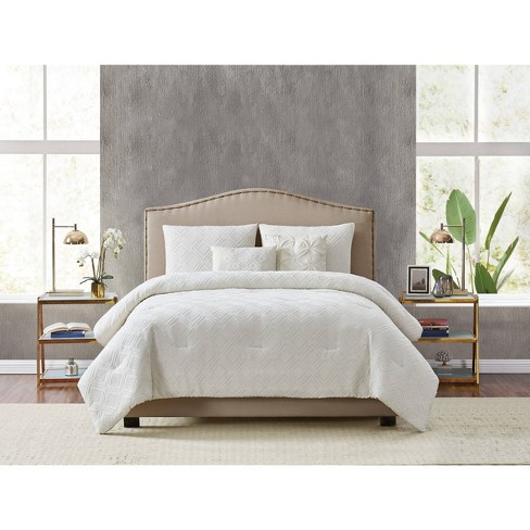 Full Queen Diamond Clipped Jacquard, Off White King Bedding
