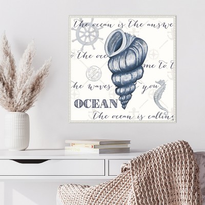 Indigo Ocean Treasures I Coastal Canvas Wall Art with White Frame