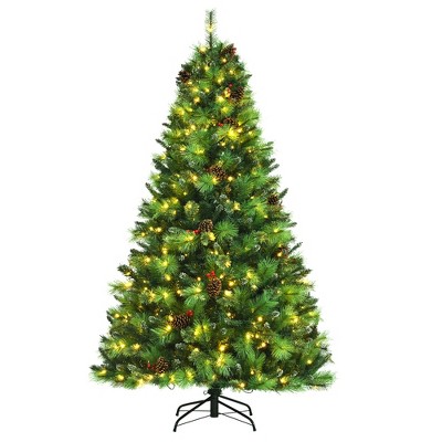 Costway 7ft Pre-lit Hinged Artificial Christmas Tree w/Pine Cones & Red Berries