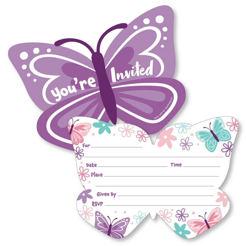 Big Dot of Happiness Beautiful Butterfly - Shaped Fill-In Invitations Floral Baby Shower or Birthday Party Invitation Cards with Envelopes - Set of 12, 1 of 8