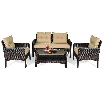 Tangkula 4 Pieces Patio Conversation Set Rattan Wicker Loveseat Sofa Coffee Table & Glass Top