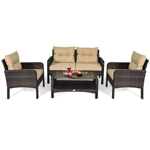 Tangkula 4 Pieces Patio Conversation Set Rattan Wicker Loveseat Sofa Coffee Table & Glass Top - 1 of 4