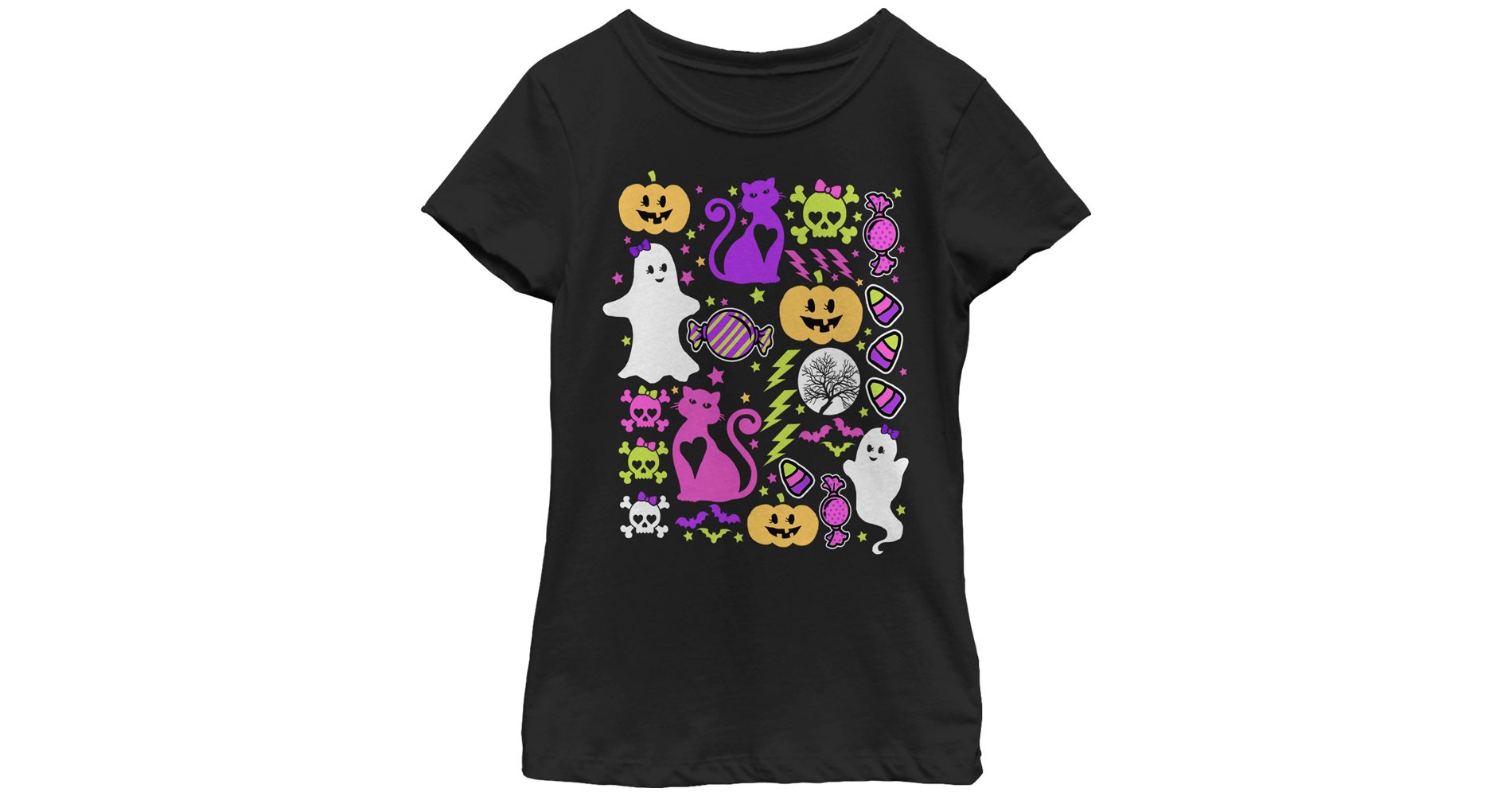 Girl's Lost Gods Halloween Ghostly Bows  T-Shirt - Black - Medium