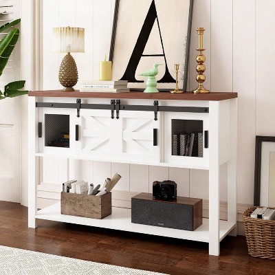 Entryway Table with Sliding Barn Doors, Sideboard Buffet Storage Cabinet, Farmhouse and Industrial Rustic Console Table with Shelf