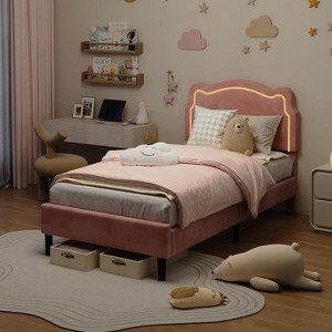 Coucheta Twin Upholstered Smart LED Bed Frame with Adjustable Bear Headboard, Pink Velvet Platform Bed for Kids/Girls, Wooden Slats Support, Pink - 1 of 4
