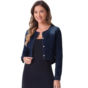 Allegra K Women's Collarless Button Down Crop Jean Denim Jackets - 1 of 4