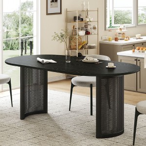 PexFix 67" Oval Dining Table for 4-6 with Arc-Shaped Edge Top and Rattan Woven Base Modern Farmhouse Kitchen Table for Living Room Dining Room Black - 1 of 4
