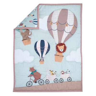 Blue Microfiber 3-Piece Animal Hot Air Balloon Crib Bedding Set