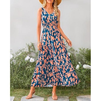 Womens Summer Dress V Neck Elastic Waist Sleeveless Floral Elegant Casual Maxi Dress