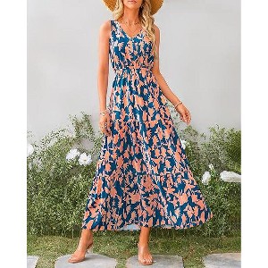 Womens Summer Dress V Neck Elastic Waist Sleeveless Floral Elegant Casual Maxi Dress - 1 of 4