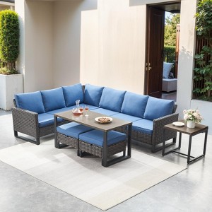 Buenhomino Patio Furniture Set with Thick Cushion, High Back Outdoor Sectional Sofa and Metal Coffee Tables, 7PCS Wicker Conversation Set - 1 of 4