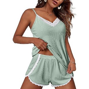 Ekouaer Womens Pajama Sets Soft Lingerie Sleepwear 2 Piece Cami Shorts Set V Neck Pj Lace Nightwear - 1 of 4