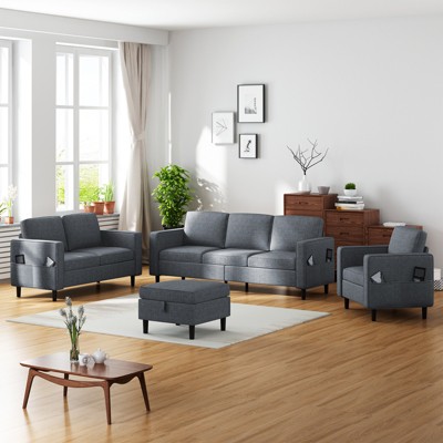 Mjkone 78" Linen Sectional Couches Set , 3-Seater Sofa with Storage Ottoman and Loveset Sofa and Armchair