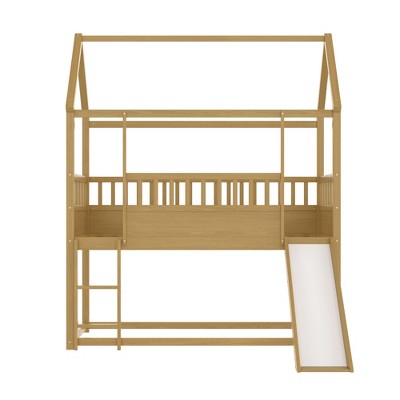 AZL1 Life Concept Beds House Shape Bunk Bed with Slide and Ladder Twin Over Twin Low Profile Kids Bed for Bedroom, Beige, 78.34"*85.23"*89.17"