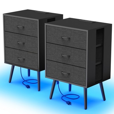 Dolonm 2 Pack Modern Nightstand with Charging Station, Bedside Tables with LED Light and Fabric Drawers,2-Layer Drawer