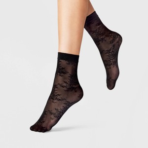 Women's Floral Sheer 2pk Anklet Socks - A New Day™ Black/Ivory One Size Fits Most - 1 of 3