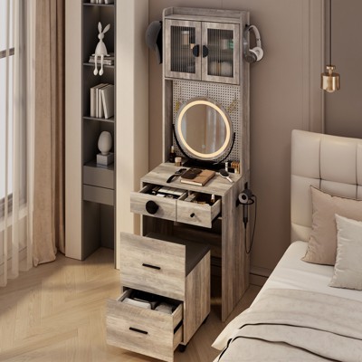 KTMBDW Vanity Desk with Mirror and LED Lights, Makeup Table with Charging Station and drawers and Storage Shelves for Small Space, Bedroom