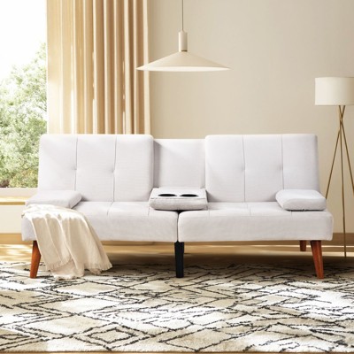 Futon Sofa Bed-Leather Small Futon Couch, Futon Lounge Sofa, Futon Convertible with Cup Holder, Beige