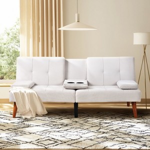 Futon Sofa Bed-Leather Small Futon Couch, Futon Lounge Sofa, Futon Convertible with Cup Holder, Beige - 1 of 4