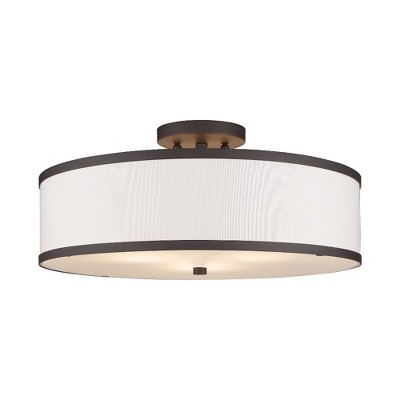 Bronze Contemporary 3-Light Semi-Flush Mount with Off-White Fabric Shade