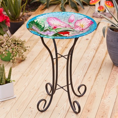 Hummingbird Floral Glass Birdbath with Metal Stand