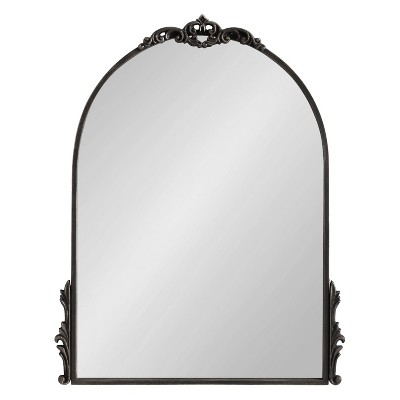 Myrcelle Antique Black Arched Wall Mirror with Ornate Garland Details