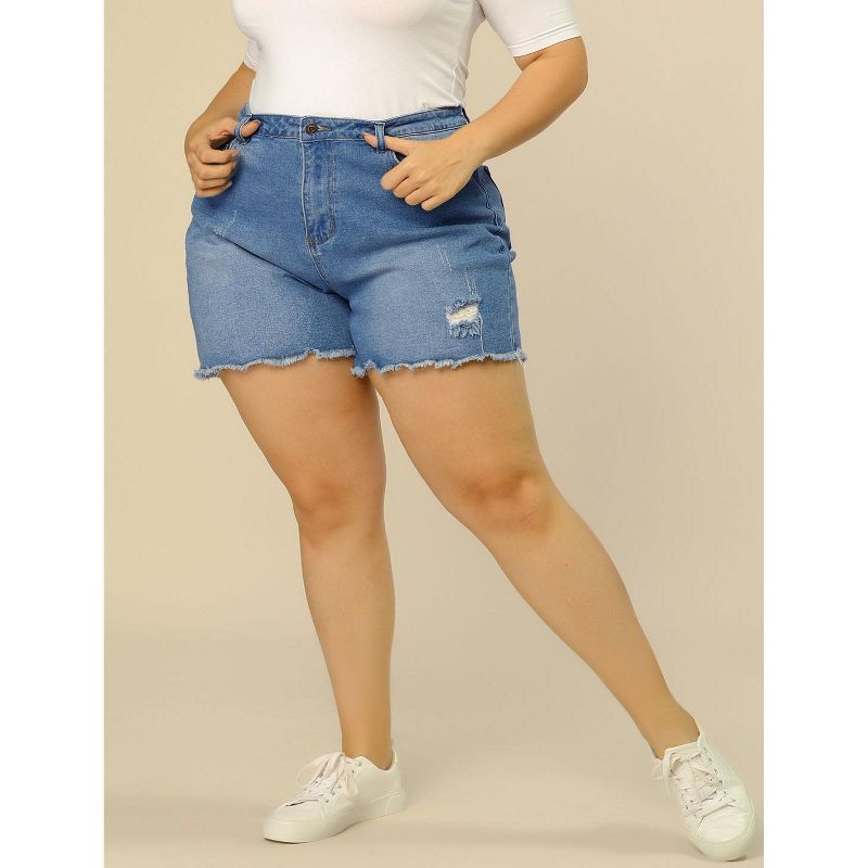 Agnes Orinda Women's Plus Size Denim High Waisted Raw Hem Stretched Distressed Lounge Jean Shorts, 5 of 8