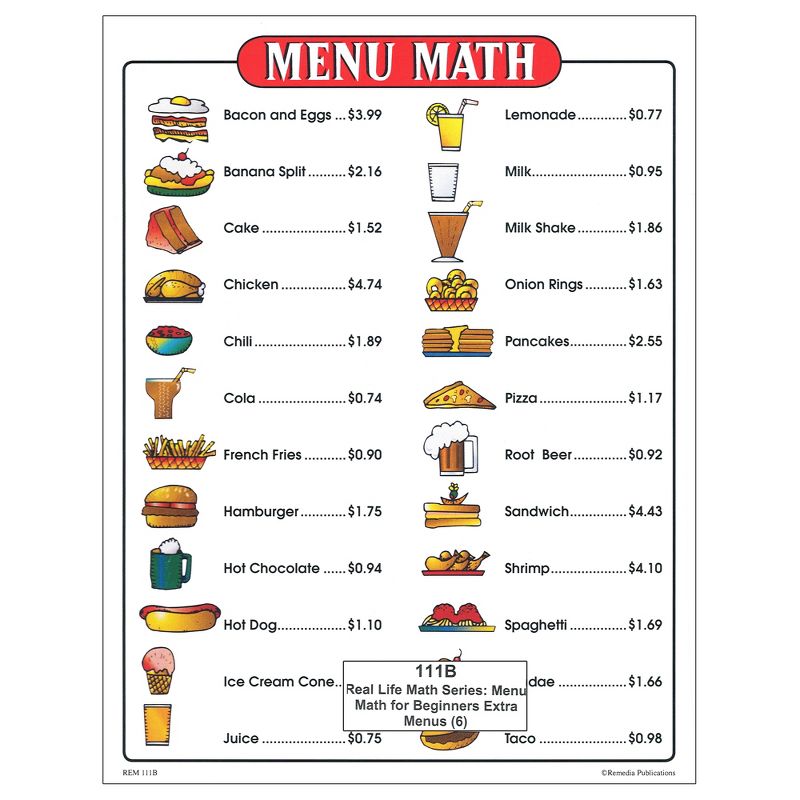 Remedia Publications Menu Math for Beginners, 6 Extra Price Lists, 1 of 2