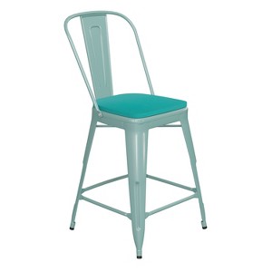 Emma and Oliver Distressed Metal Stools with Backs and Polystyrene Seats for Indoor/Outdoor Use - 1 of 4