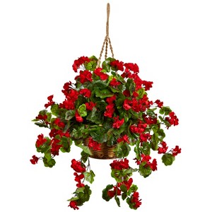 Nearly Natural Geranium Hanging Basket UV Resistant (Indoor/Outdoor) - 1 of 2