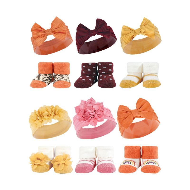 Hudson Baby Infant Girl 12Pc Headband and Socks Giftset, Burgundy Orange Yellow Orange, One Size, 1 of 4