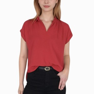 Anna-Kaci Women's V-Neck Short Sleeve Blouse with Rolled Cuffs and Soft Pleated Collar Detail - 1 of 4