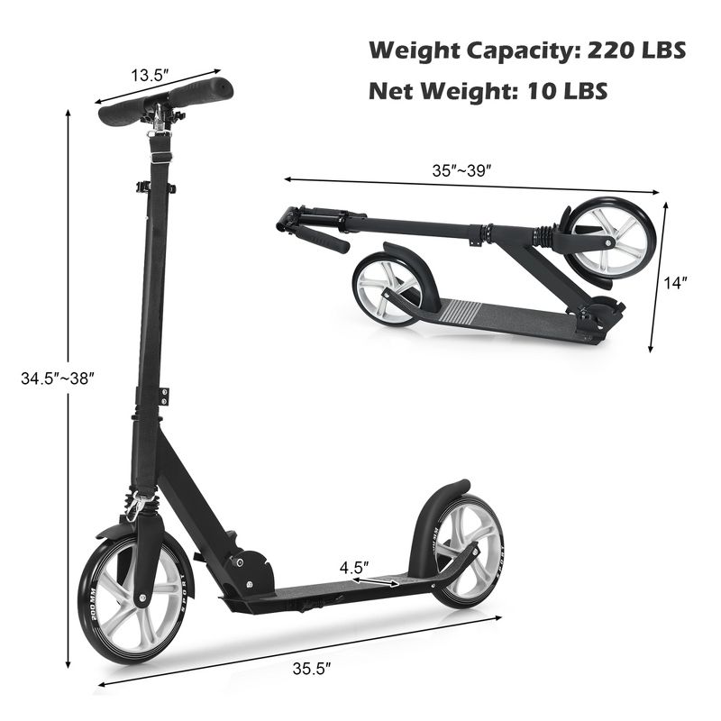 Costway Folding Kick Scooter Lightweight Sports Scooter for Teens Adult wish Strap 8'' Wheel, 2 of 11