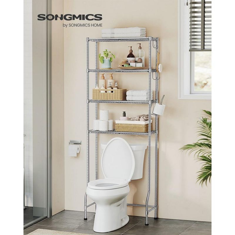 SONGMICS 4 Tier Over The Toilet Storage Metal Storage Rack with Adjustable Shelves and Hooks Space-Saving Bathroom Shelf Organizer, 3 of 10