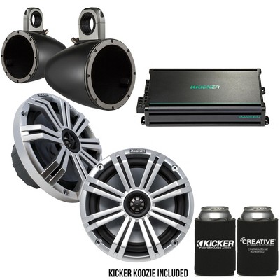 Kicker 8" Black\Silver Wake Tower LED Marine Speakers 1-Pair with 300 Watt Marine Amplifier