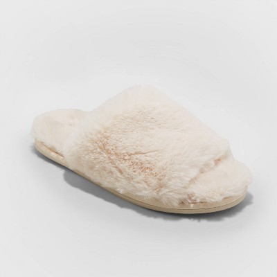 white furry sandals