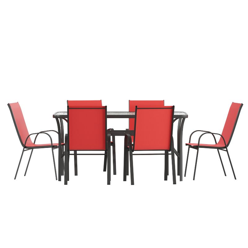 Flash Furniture Brazos 7 Piece Commercial Grade Patio Dining Set with Tempered Glass Patio Table and 6 Chairs with Flex Comfort Material Seats and Backs, 1 of 10