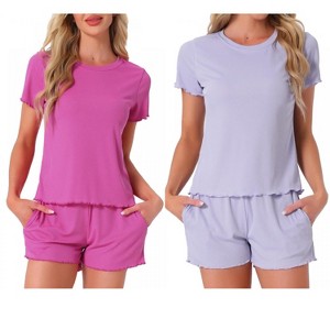 INSPIRE CHIC Women's 4 Pcs Ribbed Knit Soft Short-Sleeve Top & Shorts Ruffled Lounge Pajama Set with Pocket - 1 of 4