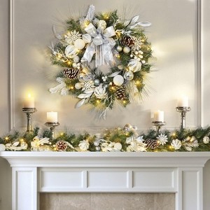 24 Inch Christmas Wreath for Front Door, Lighted Large Outdoor Xmas Door Wreath with 20 LED Lights, Silver White Balls, for Fireplace Window Wall - 1 of 4