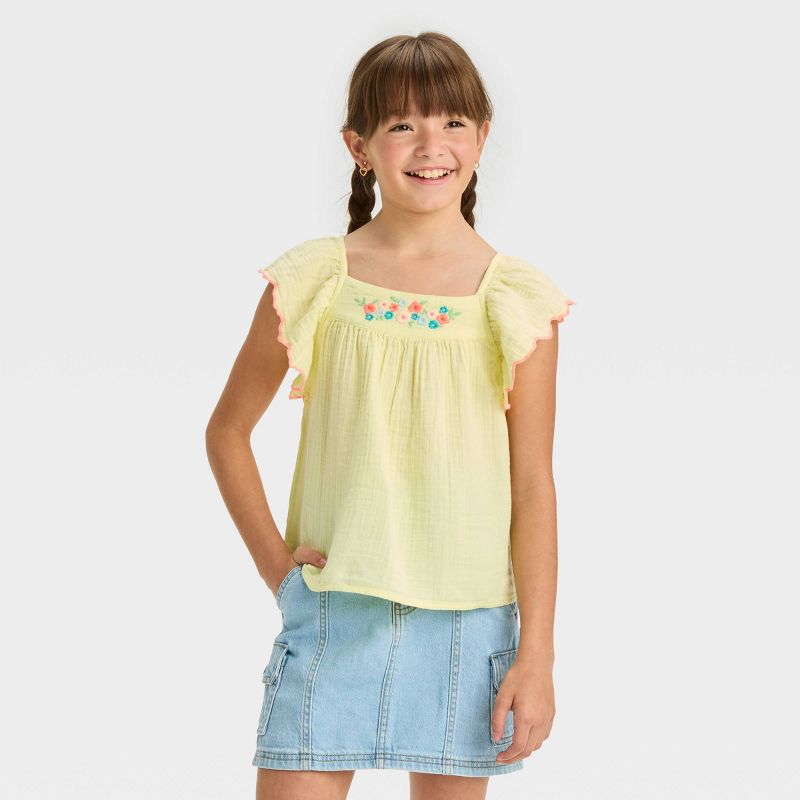 Girls&#39; Ruffle Sleeve Woven Embroidered Top - Cat &#38; Jack&#8482;, 1 of 5