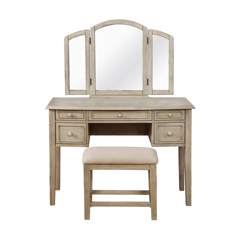Sophie Traditional Wood Tri-fold Mirror 5 Drawer Vanity and Stool Washed White Wash - Powell, 4 of 12