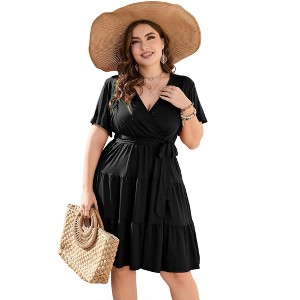 Clearlove Summer Plus Size V Neck Wrap Dress High Waisted Short Sleeves Summer Casual Midi Dress with Belt - 1 of 4