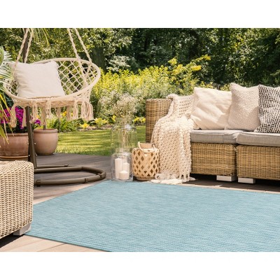 Aqua Flat Woven Stripe Indoor/Outdoor Synthetic Rug