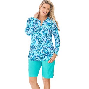 Swim 365 Women's Plus Size Split-Neck Long Sleeve Swim Tee With Built-In Bra - 1 of 4